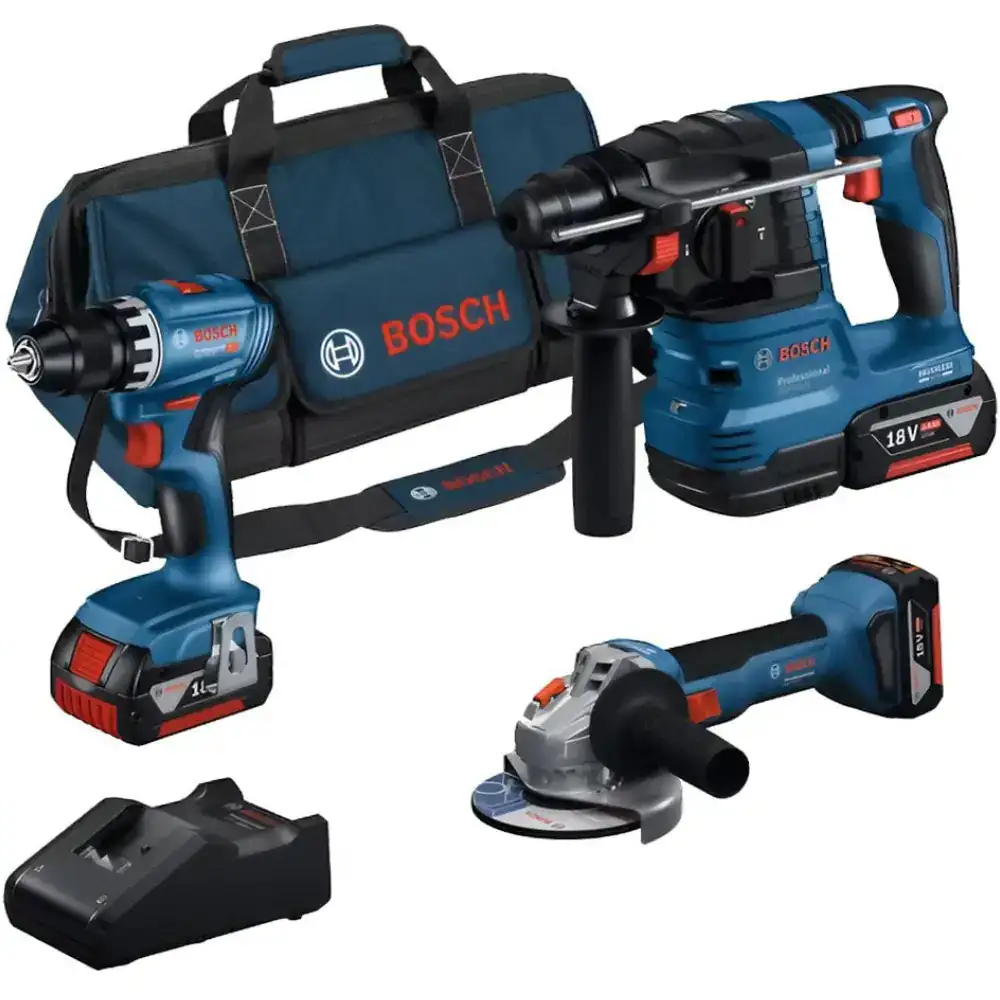 Bosch Cordless Drill GSR18V-45 + Angle Grinder GWS18V-8 + Hammer GBH18-22 + 3 x 4Ah Batteries - Bosch Cordless Drill GSR18V-45 + Angle Grinder GWS18V-8 + Hammer GBH18-22 + 3 x 4Ah Batteries